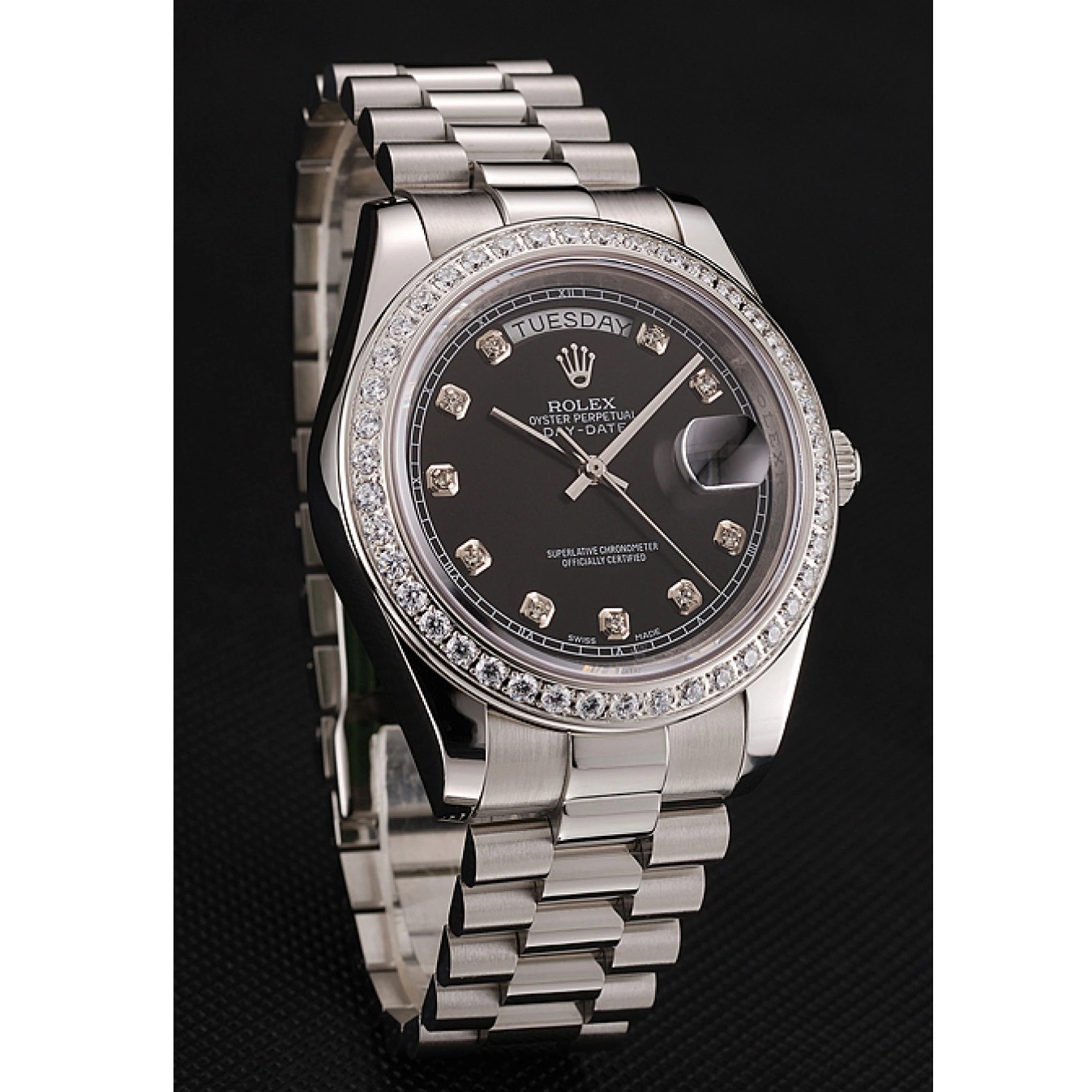 Rolex aaa copy Diamond Case Day-Date Bracelet Diamond Swiss Stainless Rolex Numerals 1453965 Steel Black Dial 0607
